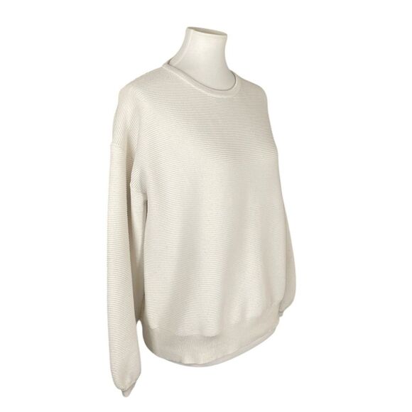 Women’s Oversized Ribbed Knit Crewneck Sweater, medium. Oatmeal Colored Cream - Picture 2 of 11